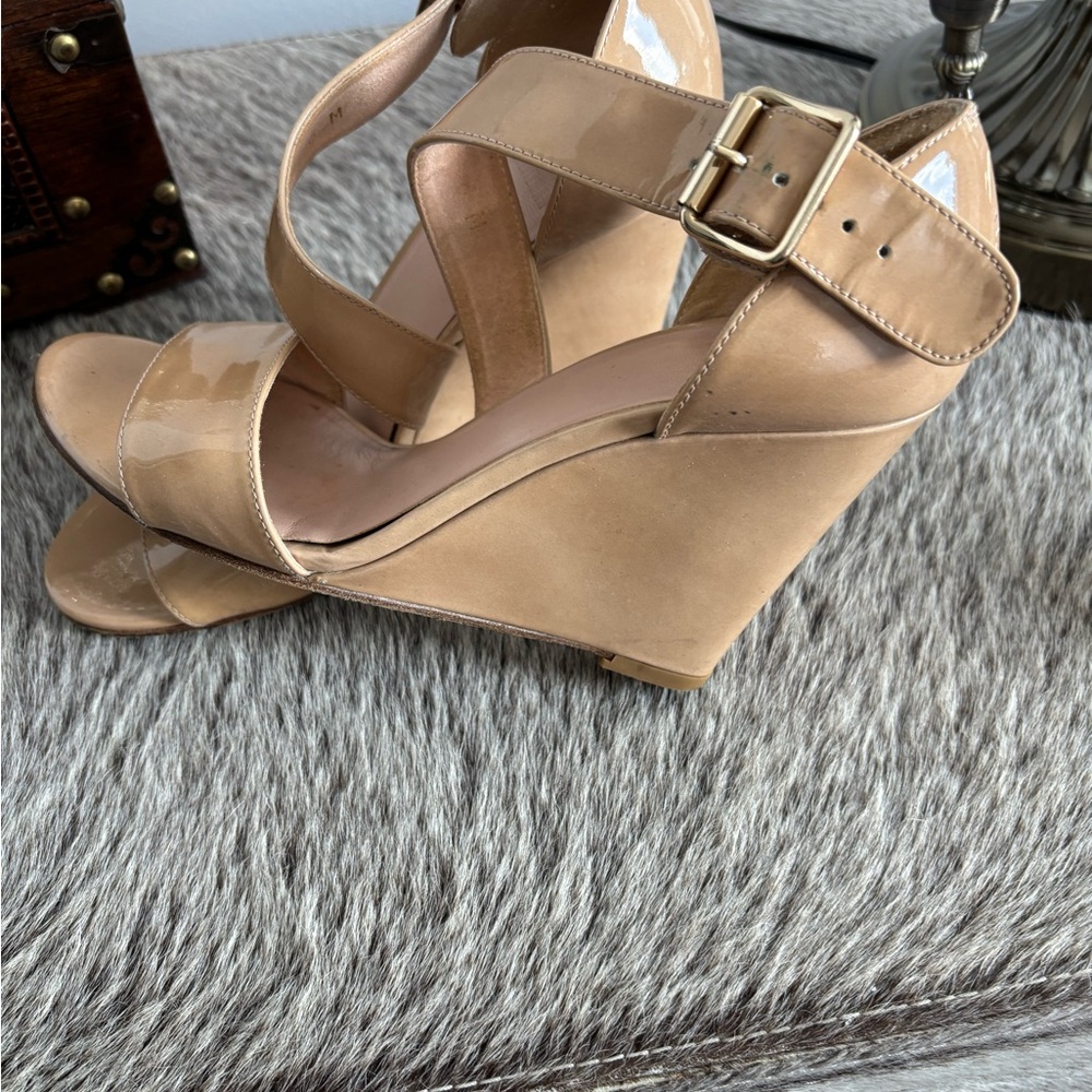 Stuart Weitzman Beige Patent Wedge Sandals